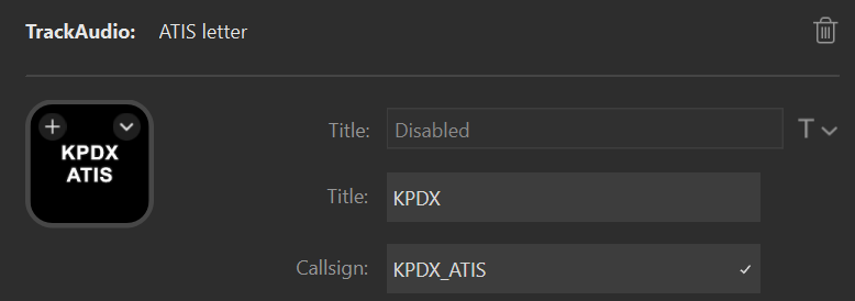 Screenshot of an ATIS letter action configuration, with the title set to KPDX and the callsign set to KPDX_ATIS.