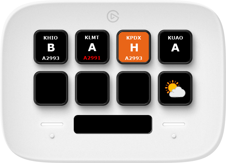 Example profile showing ATIS letter actions for KHIO, KPDX, and KUAO. KPDX has an orange background indicating a new ATIS letter. All three show the station name above the letter and the current altimeter below the letter.